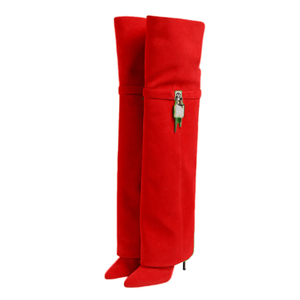 Botas de tacón alto de aguja para mujer, de gamuza, con cierre de tiburón metálico, plegables por encima de la rodilla, con punta, en colores personalizados - Product Image 4