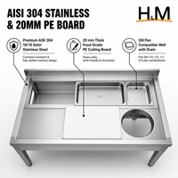 Table de préparation professionnelle en acier inoxydable 304 avec bacs GN, gouttière de récupération des déchets, planche à découper de 20 mm, poste de travail de 55 pouces