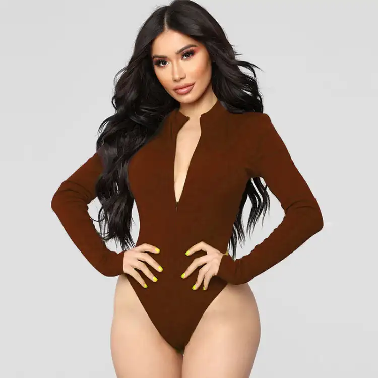 Body Sexy femme à manches longues et fermeture éclair, combinaison une pièce de couleur unie, fermeture éclair, nouvelle collection 2020