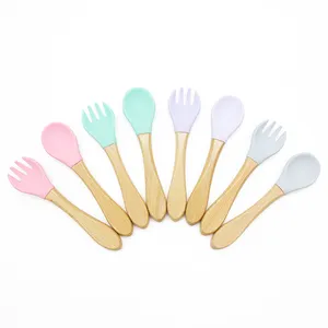 Custom Logo Private Label food grade silicon bowl and spoon baby fork silicone wooden spoon