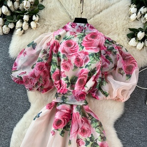Nuovo Grazioso Abito Midi da Donna a Vita Aderente con Stampa Floreale e Allacciatura, <span class=keywords><strong>Abbigliamento</strong></span> all'Ingrosso - Product Image 5