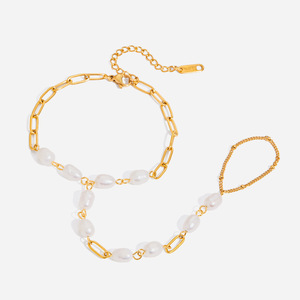 Elegante moda mano joyería 18K Acero inoxidable agua dulce perla cadena anillo dedo pulsera para mujer - Product Image 2