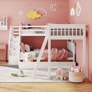 <b>White</b> Solid Wood L-Shaped Corner Bunk <b>Bed</b> With Storage And <b>Double</b> Ladder For Children And Adults - Product Image 2
