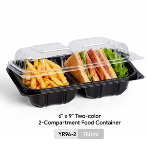 9*6inch Black Bottom Transparent Lid Foldable <b>Plastic</b> Blister Lunch <b>Box</b> 2 Compartment Food Container - Product Image 1