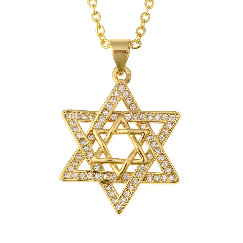 Edelstahl Gold Hexagramm Statement Halskette Runde Kristall Lucky Star of David Halskette für Frauen und Männer