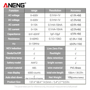 Multímetro Inteligente ANENG 616 con Pantalla Grande Retroiluminada, 6000 Lecturas, Instrumento Digital Portátil de Alta Precisión - Product Image 6