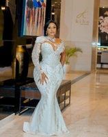 Personnalisé 2025 arabe blanc sirène robes de mariée avec train détachable perlé Illusion à manches longues grande taille robes de mariée