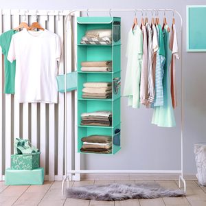 5 Shelf Hanging Closet Organizer Turquoise Fabric <b>Storage</b> For Clothes Behind Door Wall Mount - Product Image 5