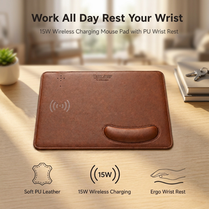 Repose-poignets ergonomique pour souris avec chargeur de téléphone 15W, charge sans fil rapide, cuir PU pour bureau, ordinateur portable, OEM ODM - Product Image 1