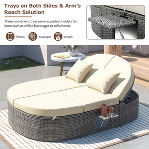 Chaise longue de jardin en rotin pliable pour 2 personnes avec plateaux porte-gobelets, idéale pour le bord de piscine - Product Image 3