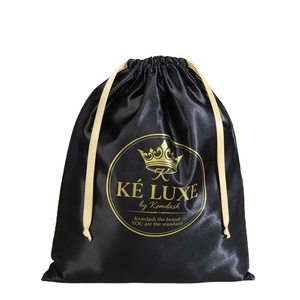 Black Satin Drawstring <b>Handbag</b> Underwear Shoe Dust Pouch Custom logo Printed Satin Drawstring Packing Bag - Product Image 1