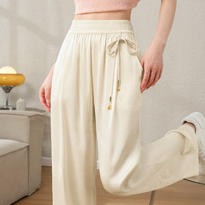 กางเกงเอวสูงผ้าไอซ์ซิลค์สำหรับผู้หญิงใส่ในฤดูร้อนกางเกงเอวสูงแบบจีนใส่ลำลองใส่เล่นทรงขากว้างกางเกงชาเบนเอวยางยืด - Product Image 2