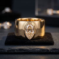 Anillo Único de Plata de Ley Chapado en Oro para Mujer, Corte Marquesa, Diamante Simulado, Bisel Grueso, Estilo Cigarra, Minimalista