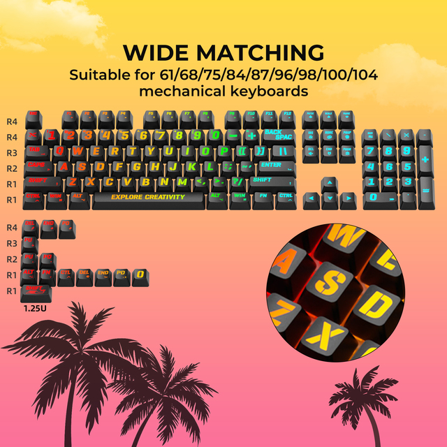 XVX Mechanical Gaming Keycaps MIAMI Pattern OEM PBT+PC Shine-Through 118 Keys MX Switches MX-Styled ANSI/US Layouts