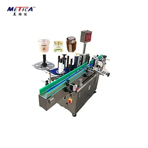 Metica Automatische Horizontale Vouwbare Papieren Doos Sinaasappelsap Glazen Fles Kan Afdichting Hoek Etiketteermachine