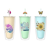 Gobelet en plastique à double paroi sans BPA, motif dessin animé coloré, écologique, anti-fuite, pour boissons glacées, idéal pour les fêtes estivales, les sorties et la plage