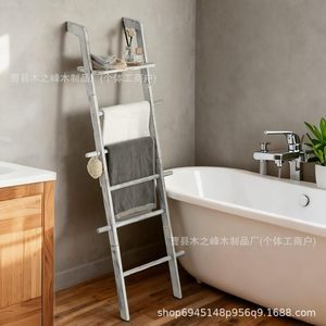 Toallero de madera con forma de escalera de 6 niveles, de madera maciza, para montar en la pared, para dormitorio, baño, estante de almacenamiento. - Product Image 2