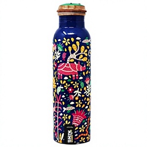 Recipiente de hidratación artesanal de cobre con estampado floral y animal azul, ecológico, portátil, multiusos, para uso doméstico, con tapas y posavasos. - Product Image 1