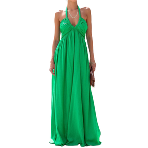 Vestido Largo sin Mangas con Cuello en V Profundo para Mujer, Color Sólido, Estilo Casual, Cintura Natural, para Primavera y Verano - Product Image 1