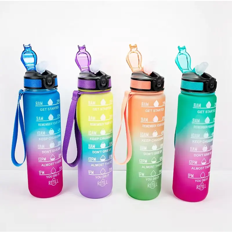 Bouteille d'eau en plastique dépoli avec marqueur de temps, gourde de pour Sports de plein air, Tritan, sans BPA, 32oz