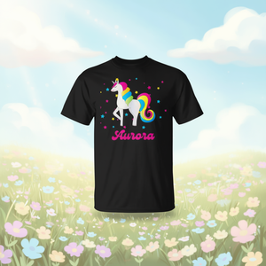 Simpatica maglietta Aurora personalizzata con unicorno arcobaleno, nera, per adulti, unisex - Product Image 3