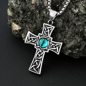 yunnique <b>Cross</b> Pendant Necklace Stainless Steel Men's Viking Knot Design Turquoise Inlay Gift Jewelry 60cm <b>Chain</b> - Product Image 3