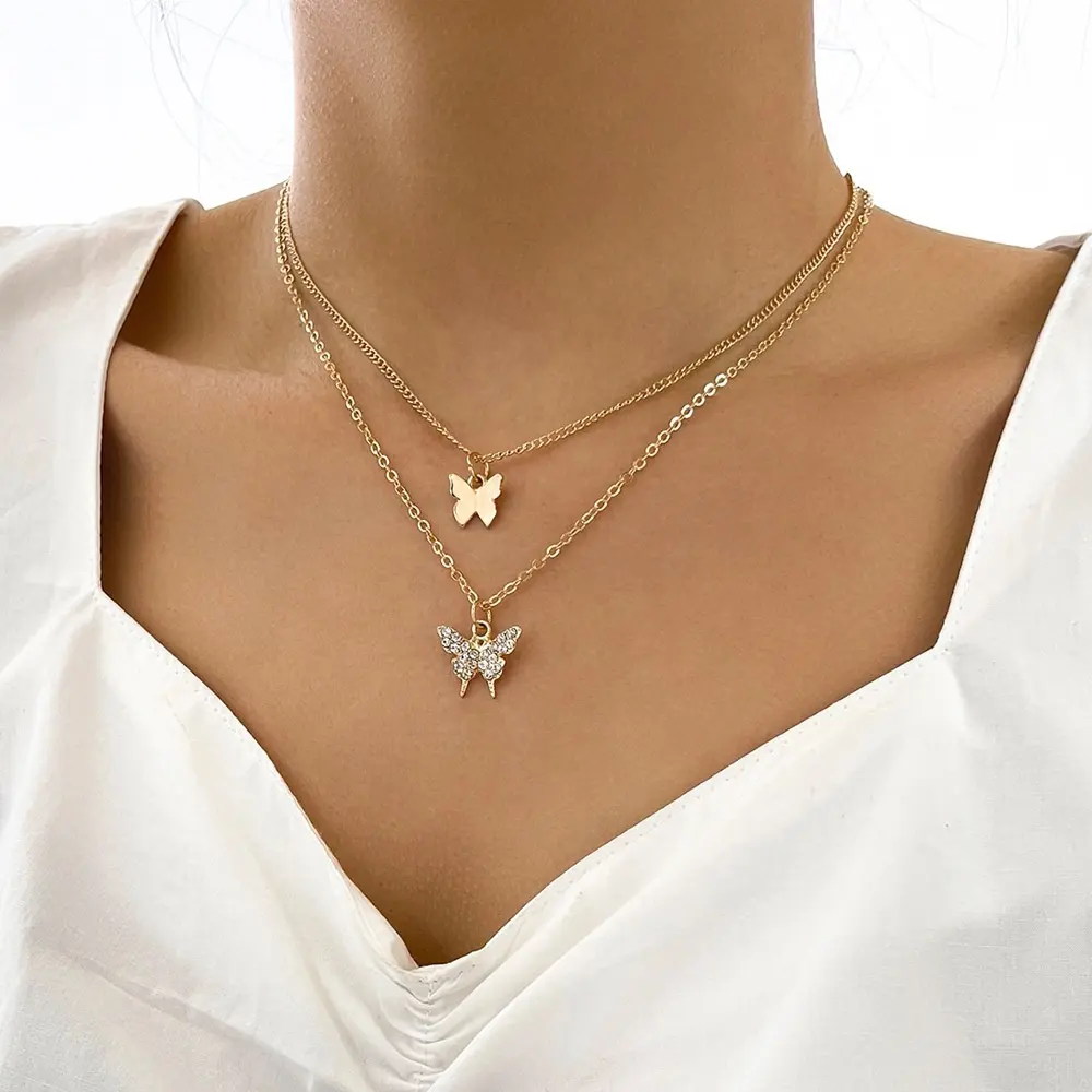 Sindlan Wholesale Crystal Butterfly Charm Pendant Choker Necklace Gold Butterfly Layered Chains Necklace For Women