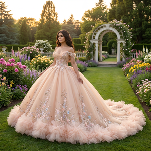 Dy6923 Ball Gown Crystal Beaded 3D Floral <b>Appliques</b> Organza Natural Ruffles Quinceanera Birthday Party Evening Dress Sweet 16 - Product Image 1