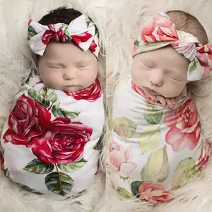 Selimut Bedong Bayi, Selimut Bedong Pembungkus Bayi Baru Lahir, Selimut Bedong Tidur Muslin Set Bando Motif Bunga untuk Bayi Baru Lahir