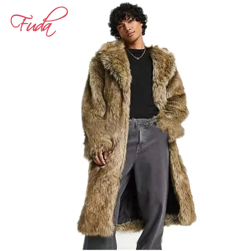 FUDA T11 Pelzmantel mit Revers vorne Winter Herren Echtpelz Lange Jacken Plus Size Herren Pelzmantel