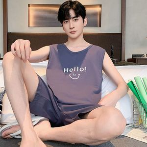 Verano nuevo Pijama de algodón para hombre Chaleco con estampado de dibujos animados conjunto de pantalones cortos grises moda Casual guapo fresco cómodo <span class=keywords><strong>pijamas</strong></span> de alta calidad - Product Image 2