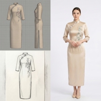 Ensemble de costume pour femme, robe Qipao en polyester, motif uni, coupe régulière, séchage rapide, boutons grenouille, manches trois quarts, style thé chinois