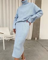 Ensemble deux pièces en tricot côtelé pour femmes automne-hiver 2026, cardigan en coton, pull à col roulé et robe pour femmes