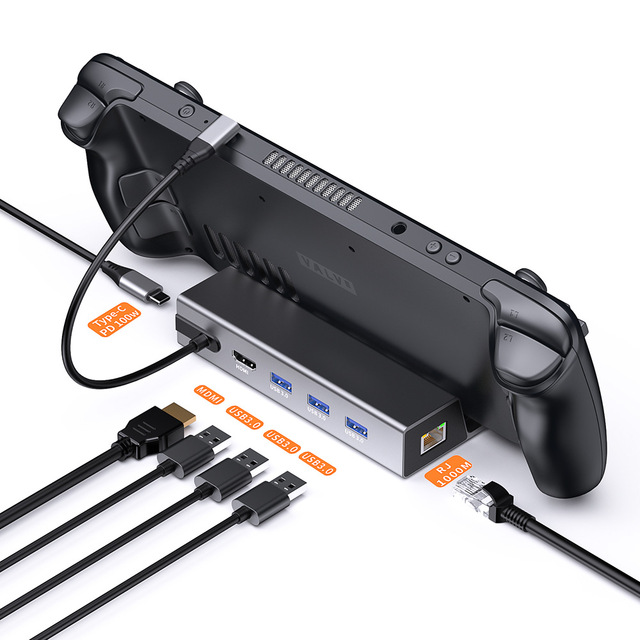 Type-C 6-in-1 Steam Deck Handheld Console Aluminum Alloy Base Expansion Dock Hub 30W Enhanced Multi-Interface