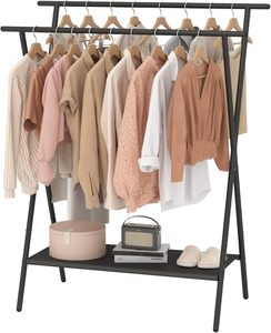 Draagbare Dubbele Staaf Kledingrek Met Oxford Doek Planken Zwart Metalen Kledingstuk Opknoping <span class=keywords><strong>Rack</strong></span> Voor Gebruik In De Woonkamer - Product Image 1