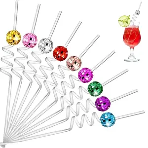 Disco Ball Straws Mirror Decorative Straws With Mini Disco Ball Disco Straw 12 Pieces Stirrers Cocktail Party Decoration