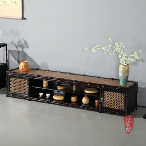Bamboo TV Cabinet Lacquered Openwork Storage Floor Mount Chinese Style Living Room Furniture - Product Image 3