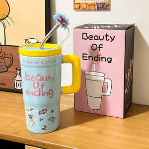 680ml Large Ceramic <b>Mugs</b> Cartoon Tea Water Cups <b>Cute</b> Coffee Tumbler with Lid and Straw - Product Image 6