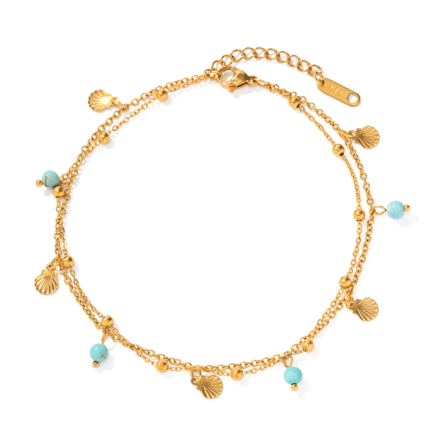New Arrival Stainless Steel Anklet Beach Jewelry Gift Stainless Steel Turquoise Stone Pendant Seashell Charm Anklet