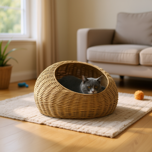 Ratten <b>Cat</b> <b>Bed</b> Oval <b>Rattan</b> Pet <b>Bed</b> For <b>Cats</b> Comfortable Indoor Use - Product Image 2