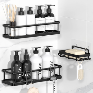 Organisateur mural de salle de bain sans perçage en fer, ensemble de rangement de douche antirouille avec crochets pour articles de toilette - Product Image 1
