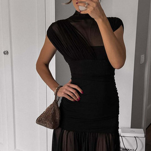 Abito Lungo Sexy Senza Maniche in Rete per Donna, Elegante Vestito con Collo Semi-Alto, Vita Alta, Aderente e Arricciato per Club e Feste 3536 - Product Image 3