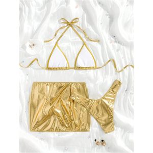 ชุดบิกินี่เมทัลลิก 3 ชิ้นสำหรับผู้หญิง พร้อมเสื้อคลุมแบบอสมมาตร ชุดว่ายน้ำแบบผูกคอ ผ้ายืดสแปนเด็กซ์ โพลีเอสเตอร์ กระโปรงชายหาด - Product Image 2