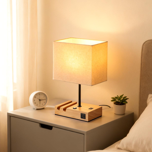 Touch Control <b>Table</b> Lamps 2 USB <b>Charging</b> Ports&AC Outlet <b>Bedside</b> Nightstand Lamps with White Fabric Lampshade - Product Image 1