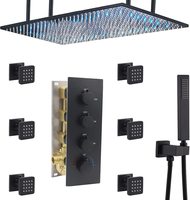 Système de douche thermostatique pour hôtel 20x40 pouces avec LED, jets de pluie et de massage, design moderne, encastré au plafond, en laiton noir, ensemble de robinetterie monocommande