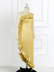 褶边无袖派对金色闪亮狭缝女式舞会不规则连衣裙 - Product Image 2