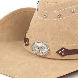 Sombrero de Jazz de estilo occidental, ajustable, de ala ancha, a la moda, sombrero de vaquero con cabeza de toro de Metal decorado - Product Image 5