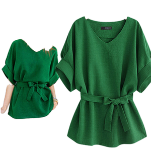 Nuove Bluse Estive da <span class=keywords><strong>Donna</strong></span> Aderenti Chic <span class=keywords><strong>in</strong></span> Chiffon Verde Tinta Unita Vintage a Maniche Corte con Fiocco Decorativo Traspiranti Stile Streetwear - Product Image 2