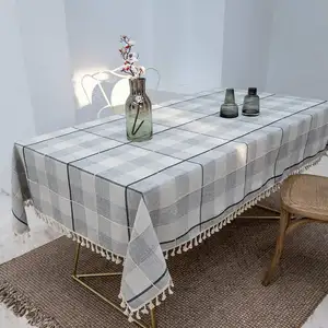 Fashion Diner Waterproof Table Cover Boho Cotton Linen Check Tassel Table Cloth for Party