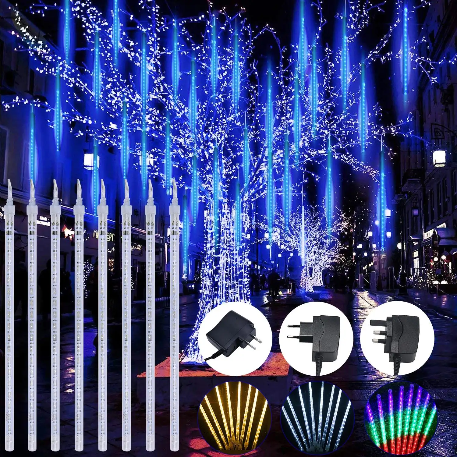 LEDライト流星群レインライト、8チューブ30cm、落下する雨の妖精LEDストリングライト、ホリデーパーティーホーム屋外装飾
